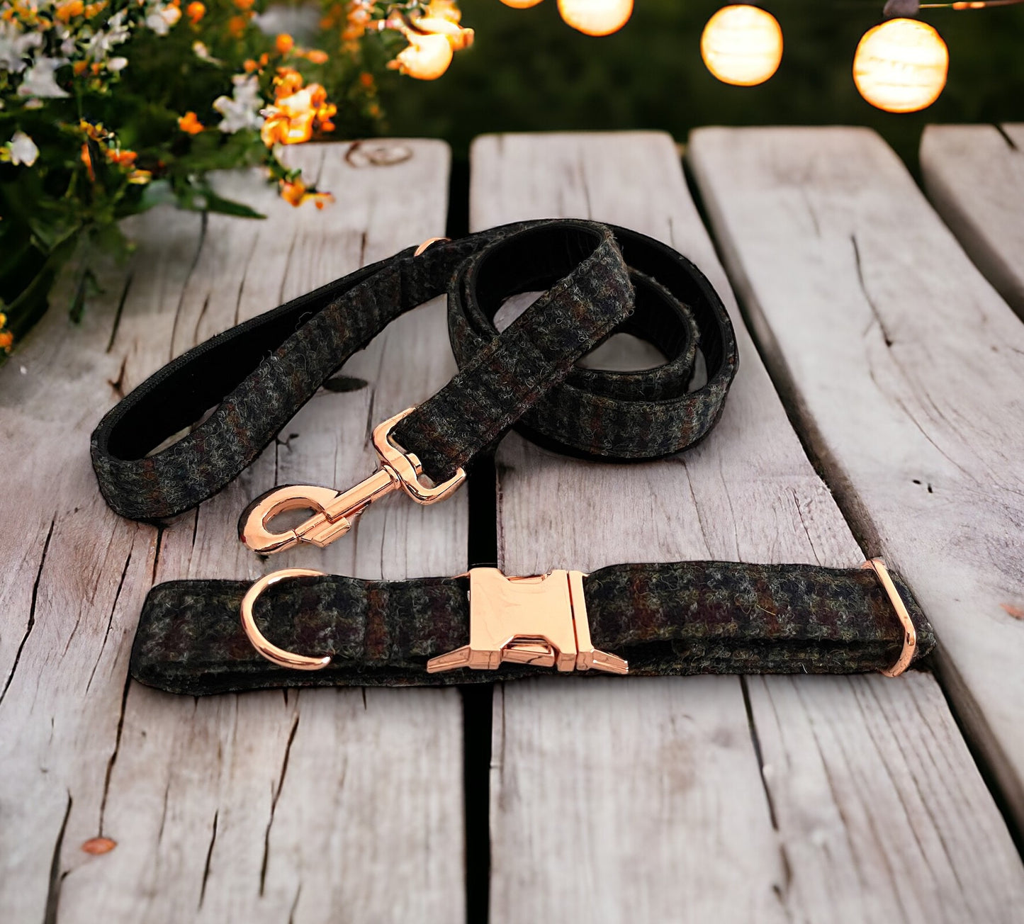 Fireside Houndstooth Harris Tweed Dog Collar & Lead Set (with optional Bow-tie)