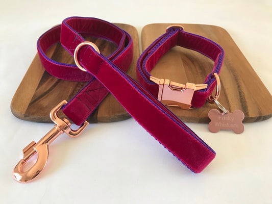 Fuchsia Pink Velvet Dog Collar & Lead Set