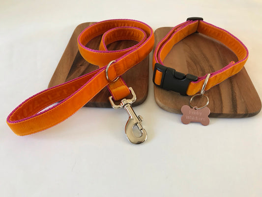 Happy Orange Velvet Dog Collar & Lead Set