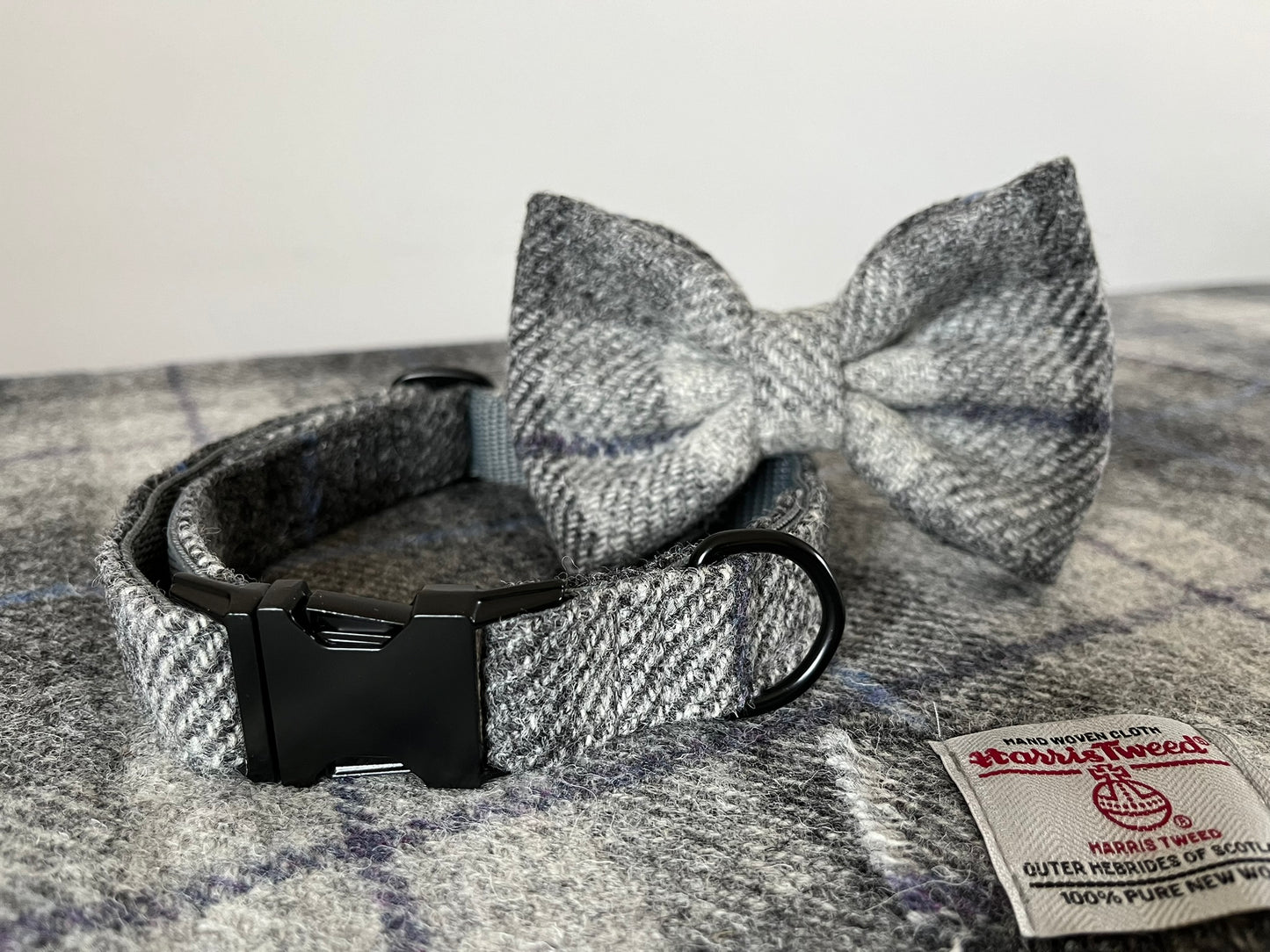 Smoke Grey Check Harris Tweed Dog Collar & Lead Set (with optional Bow-tie)