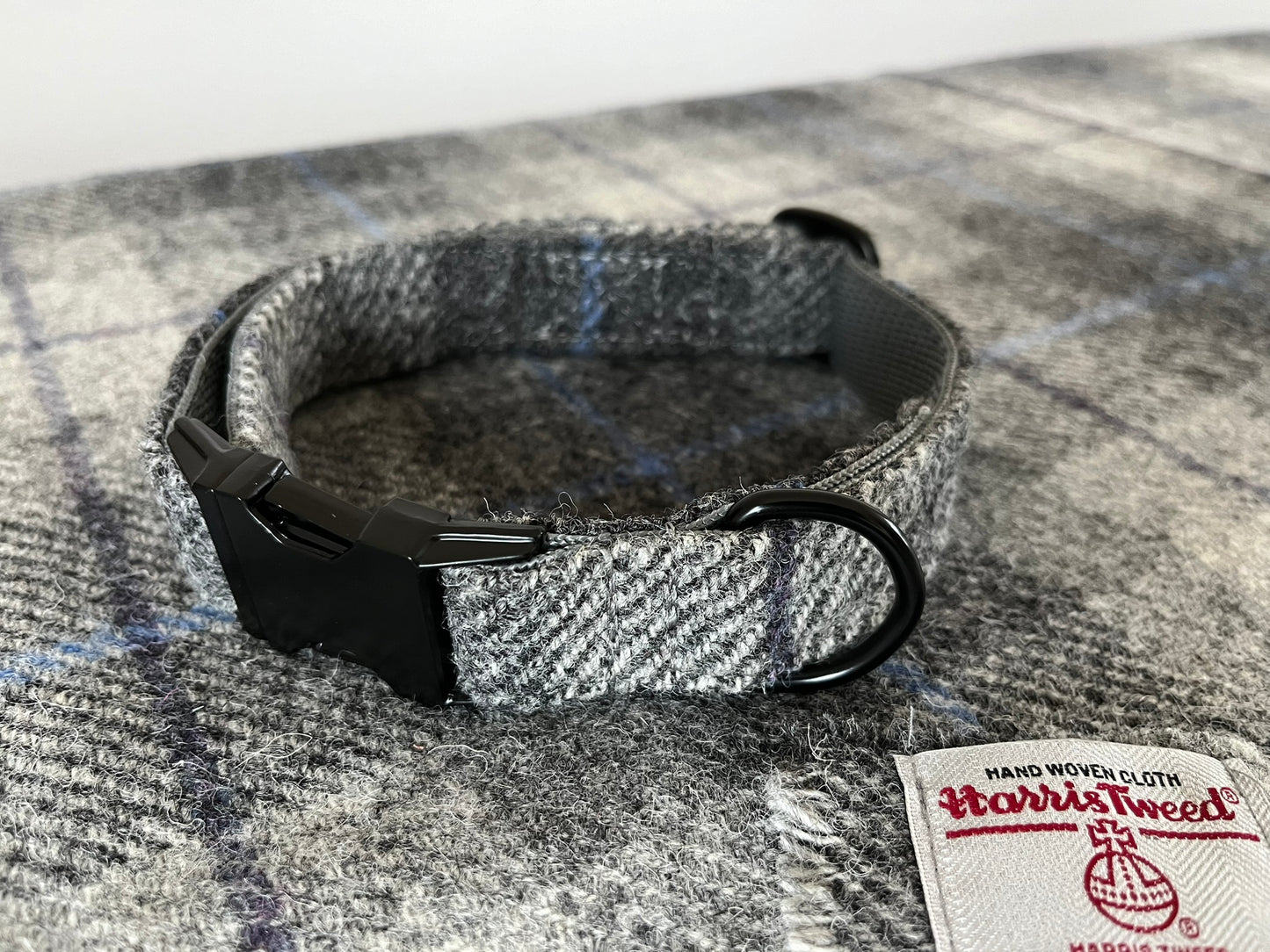 Smoke Grey Check Harris Tweed Dog Collar & Lead Set (with optional Bow-tie)