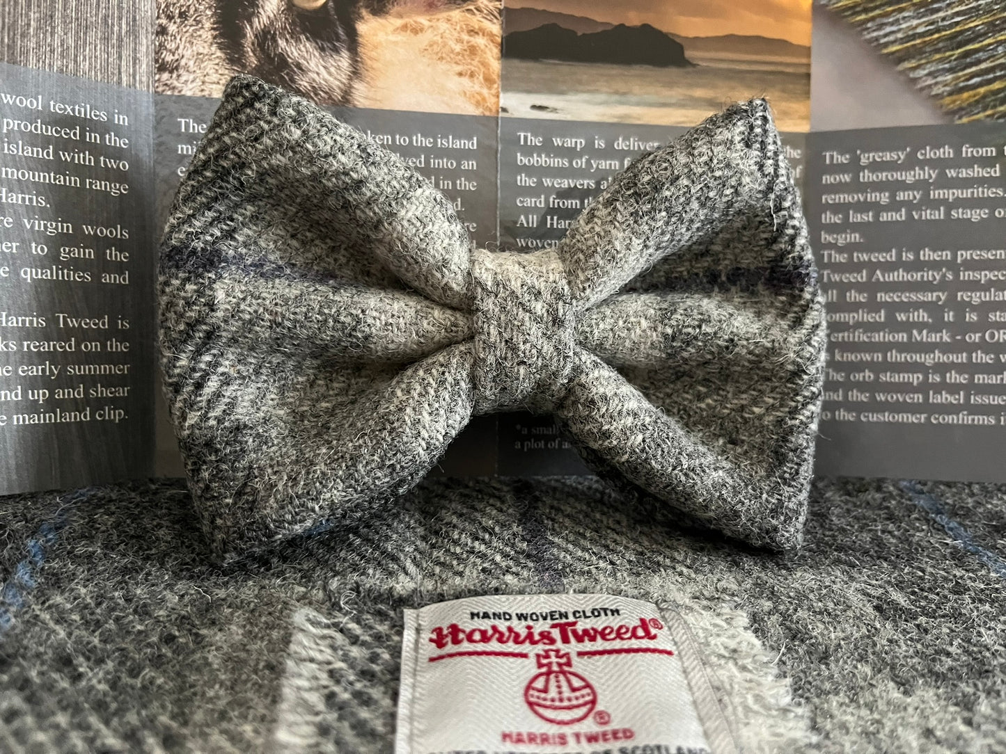 Smoke Grey Check Harris Tweed Dog Collar & Lead Set (with optional Bow-tie)