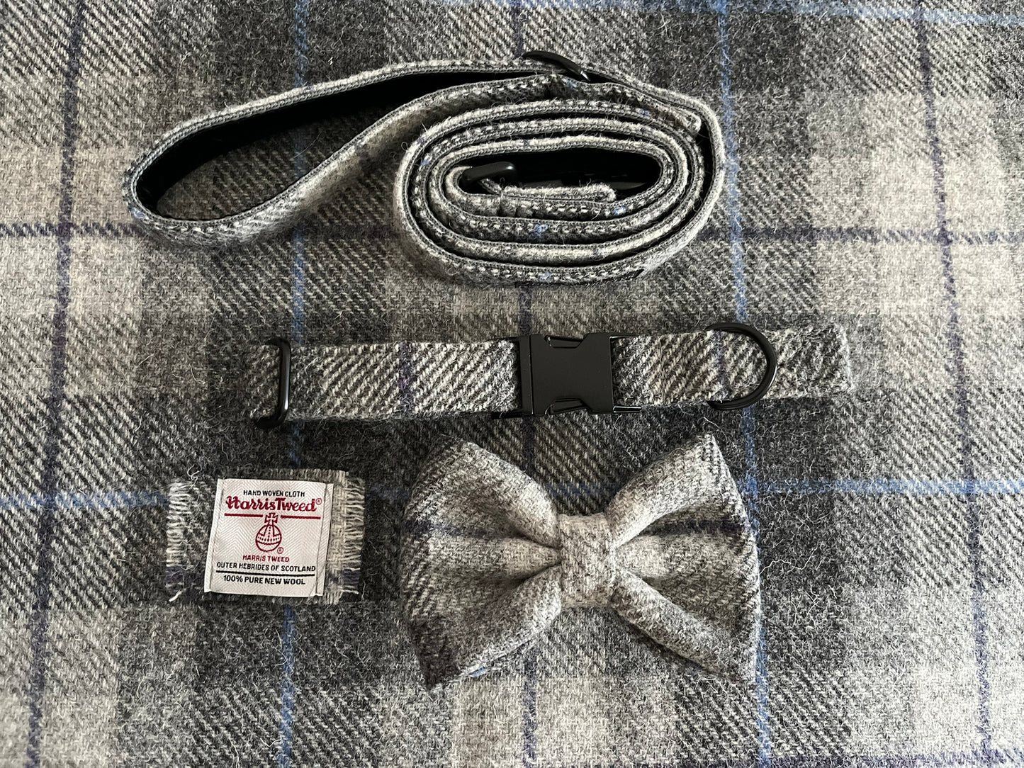 Smoke Grey Check Harris Tweed Dog Collar & Lead Set (with optional Bow-tie)