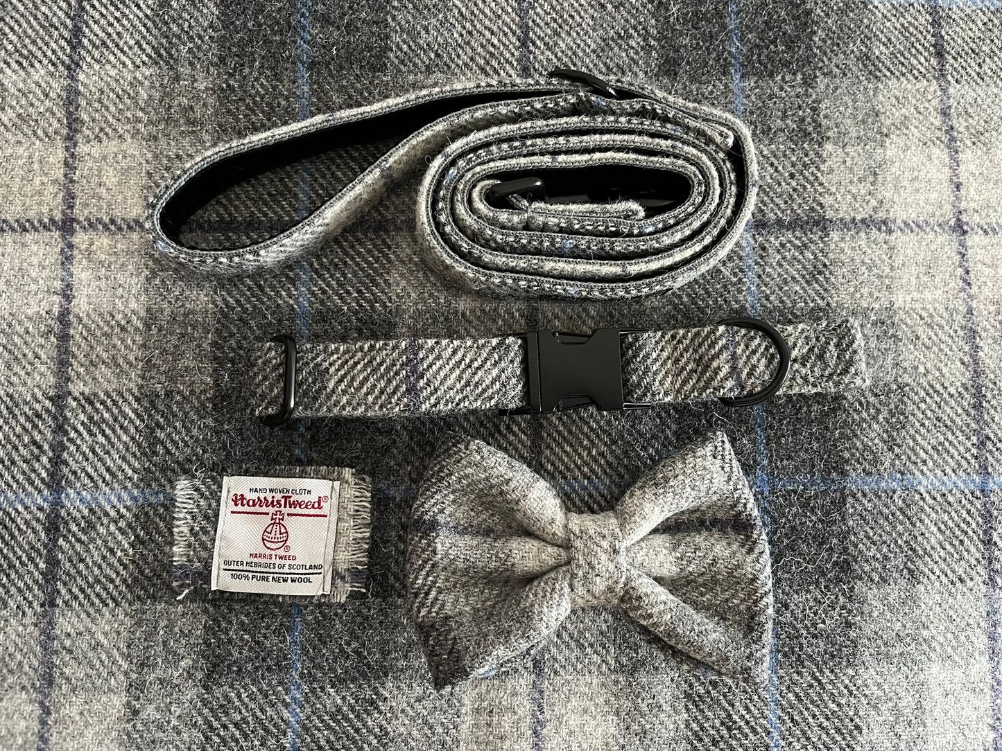 Smoke Grey Check Harris Tweed Dog Collar & Bow-Tie Set