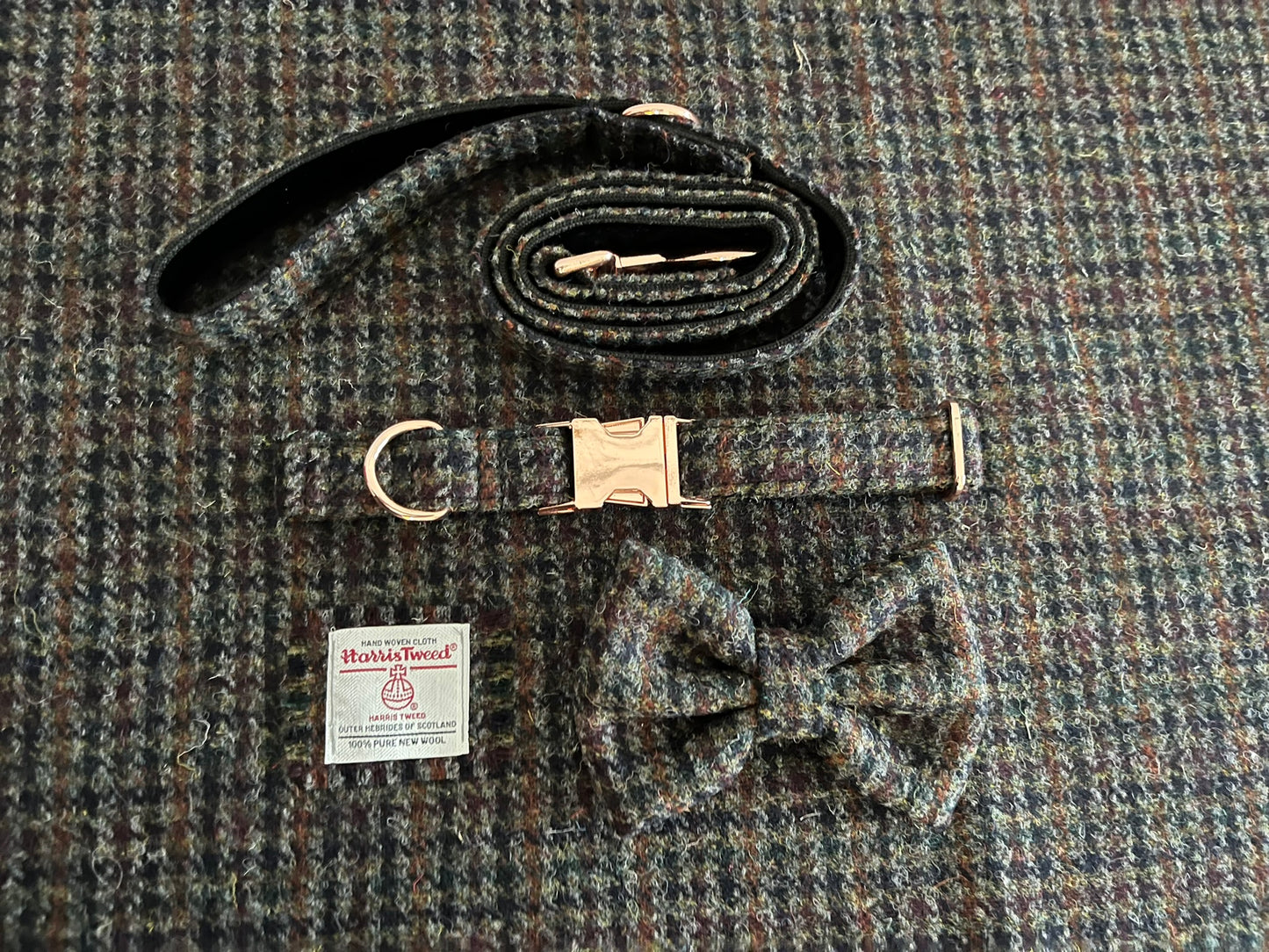 Fireside Houndstooth Harris Tweed Dog Collar & Lead Set (with optional Bow-tie)