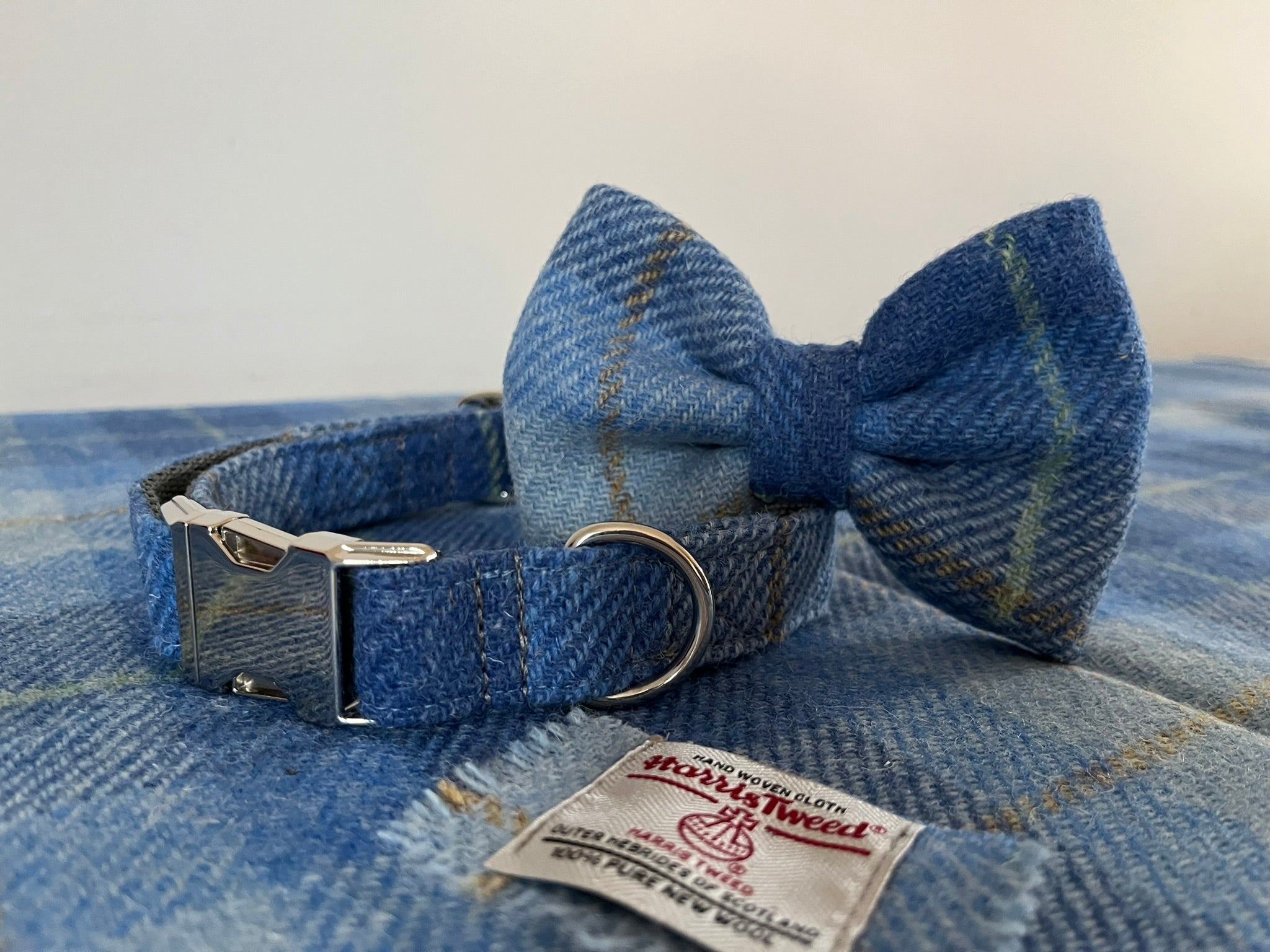 Skye Blue Check Harris Tweed Dog Collar Bow Tie Set Frisky Whiskers