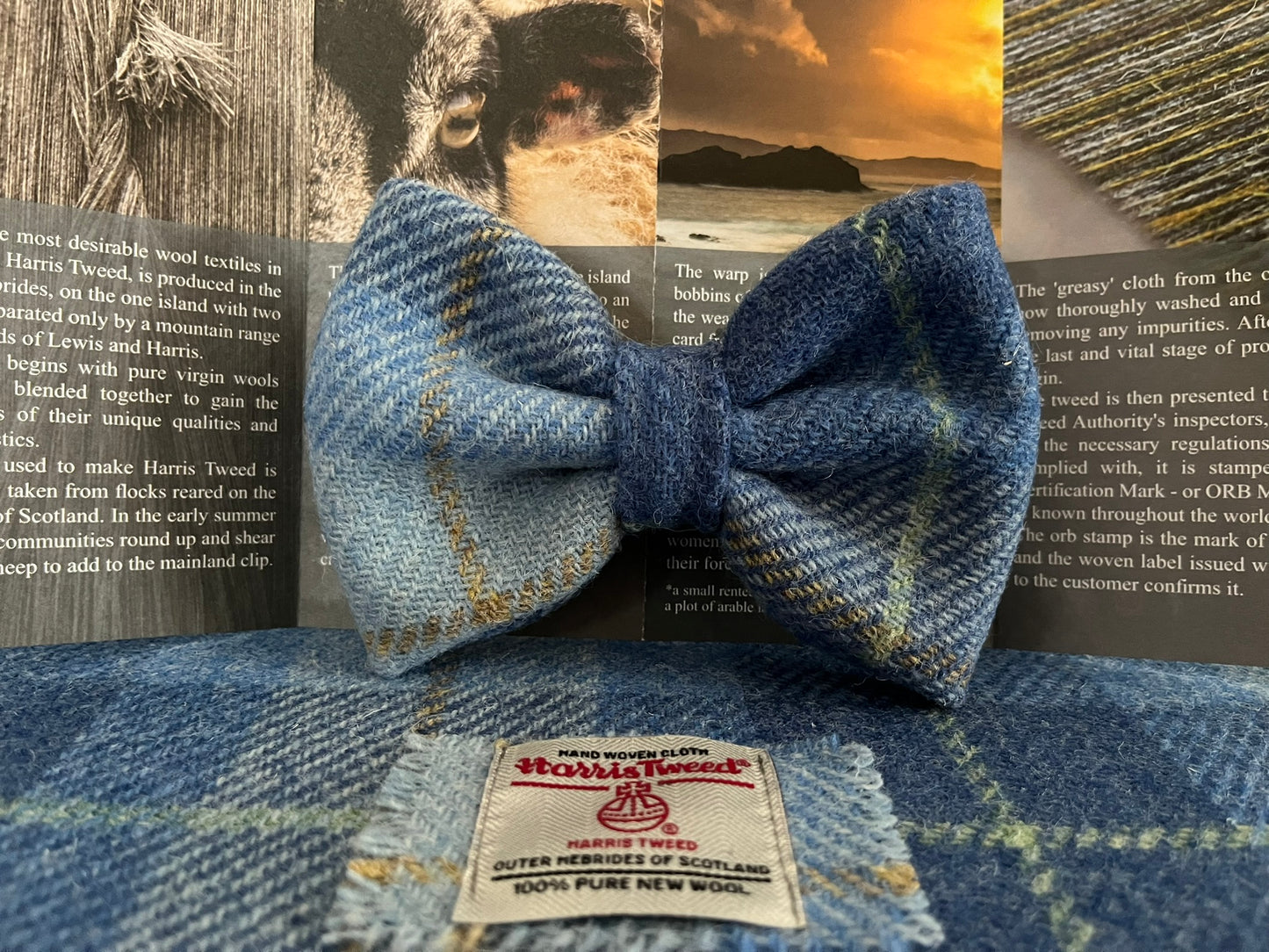 Skye Blue Check Harris Tweed Dog Collar & Lead Set (with optional Bow-tie)