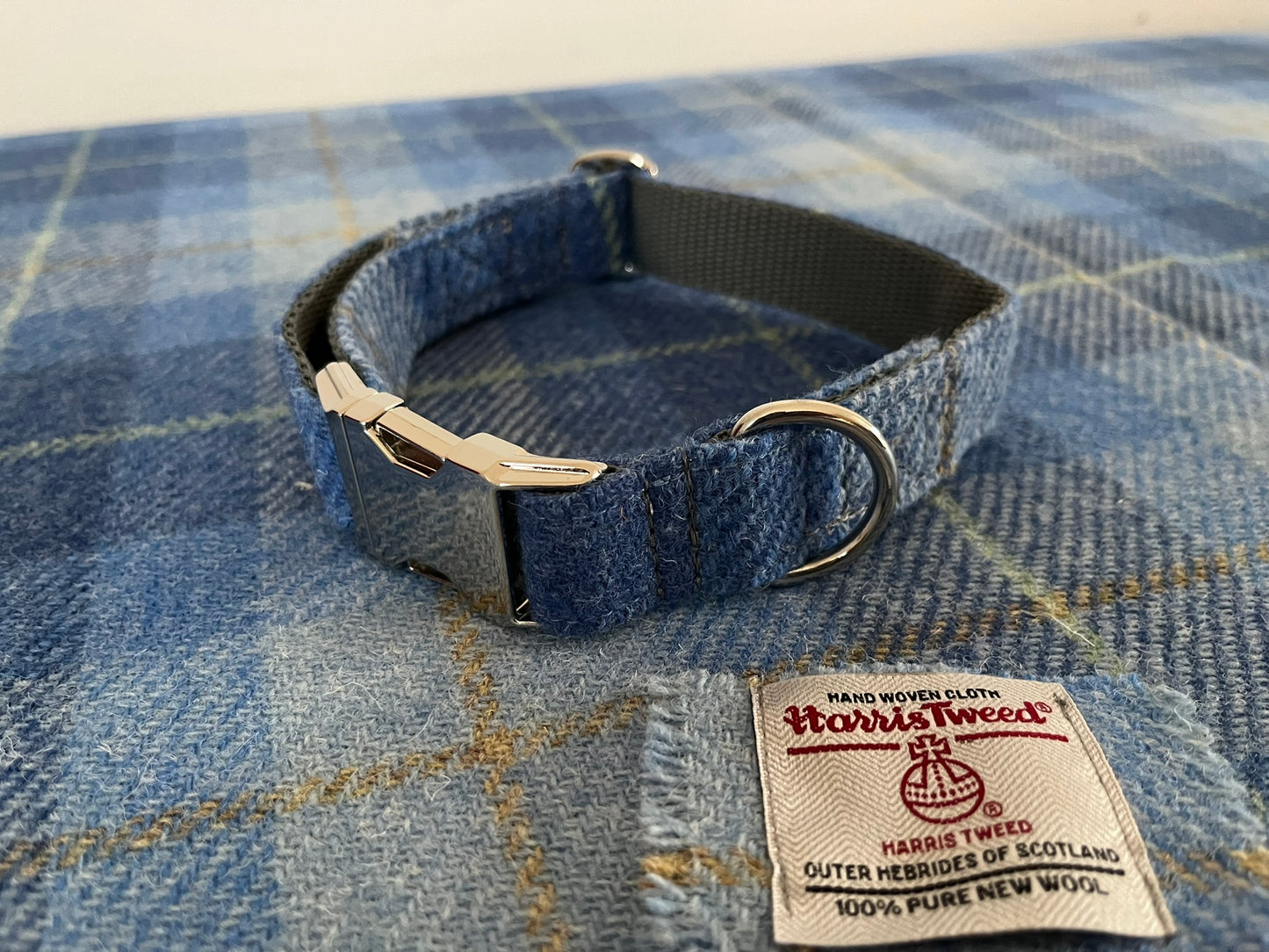 Skye Blue Check Harris Tweed Dog Collar & Lead Set (with optional Bow-tie)