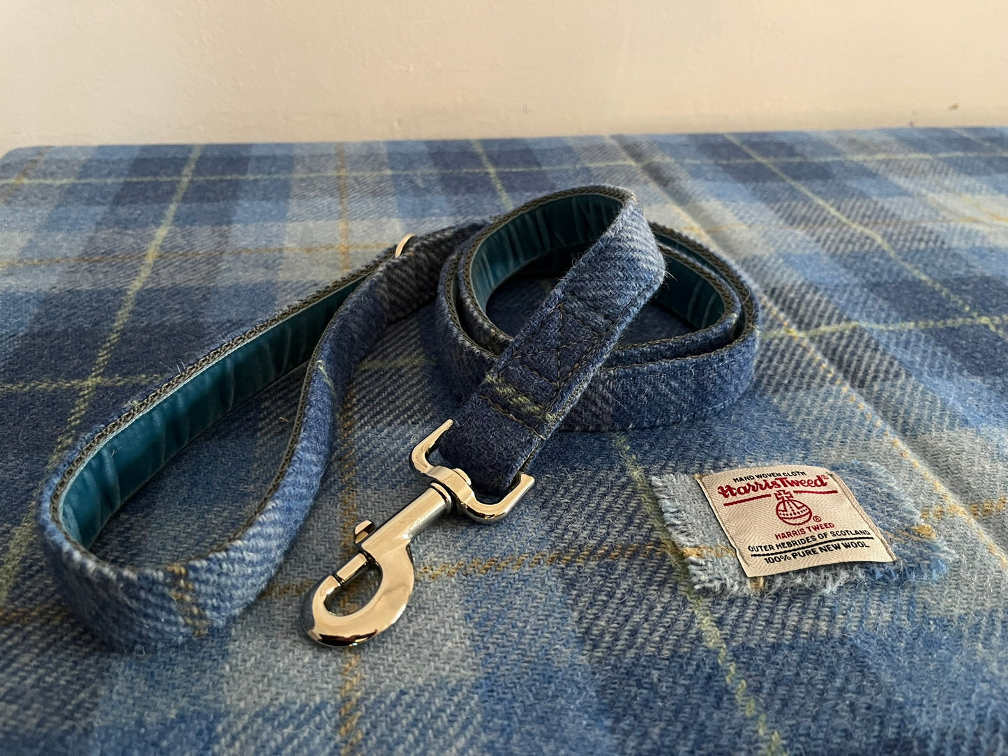 Skye Blue Check Harris Tweed Dog Collar & Lead Set (with optional Bow-tie)