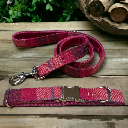 Fuchsia Check Harris Tweed Dog Collar & Lead Set (with optional Bow-tie)