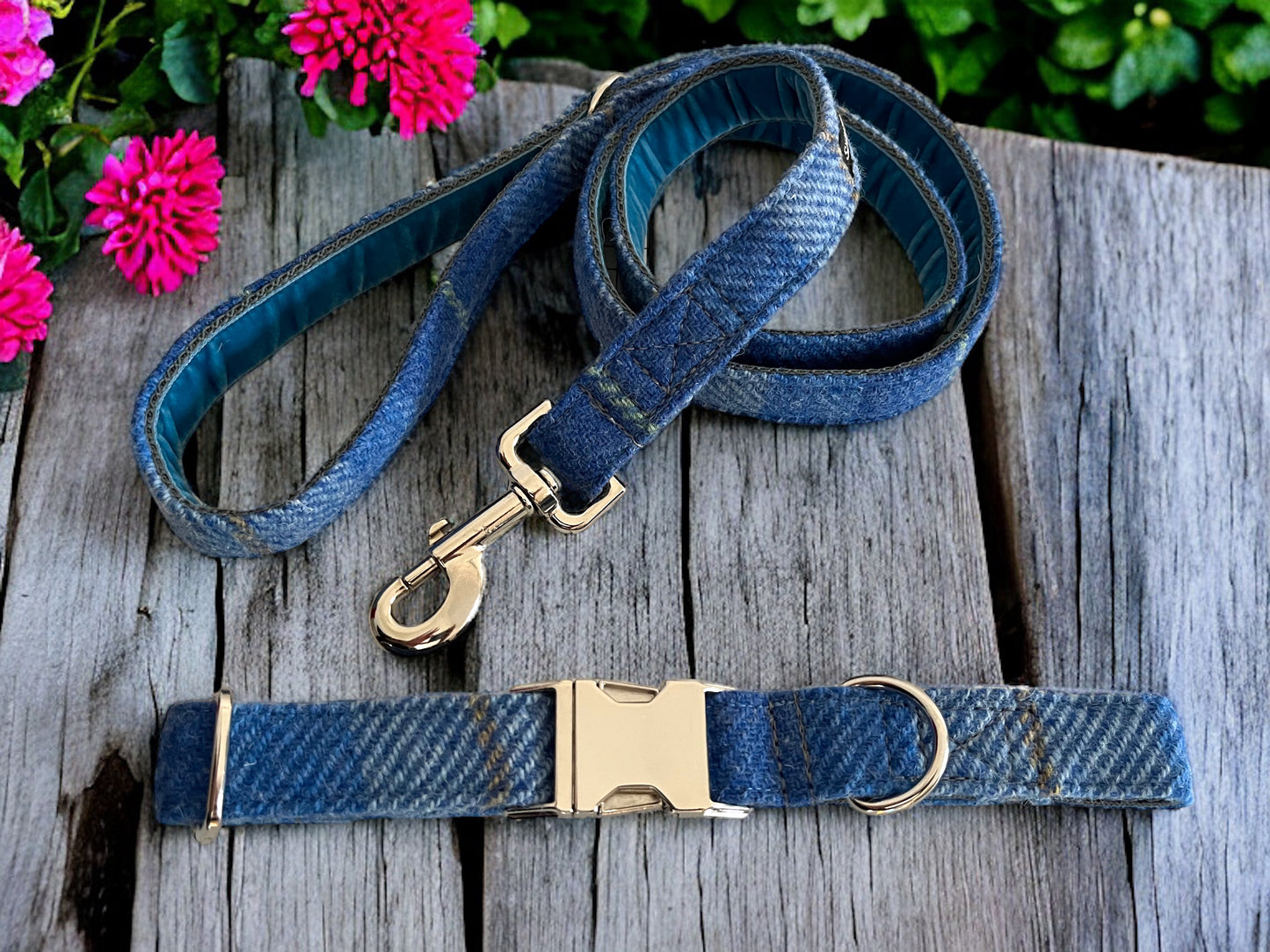 Skye Blue Check Harris Tweed Dog Collar & Lead Set (with optional Bow-tie)