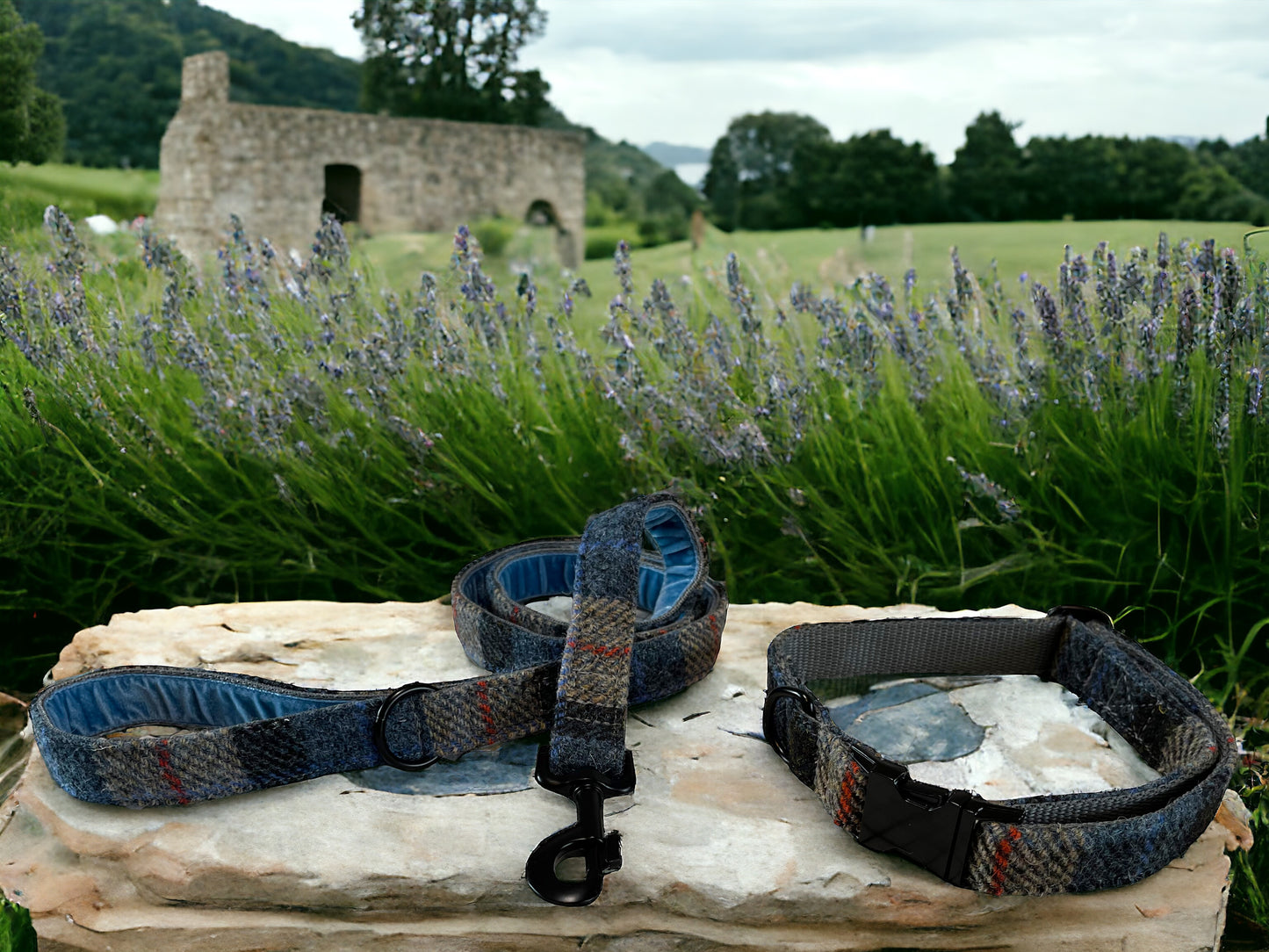 Tarbert Check Harris Tweed Dog Collar & Lead Set (with optional Bow-tie)