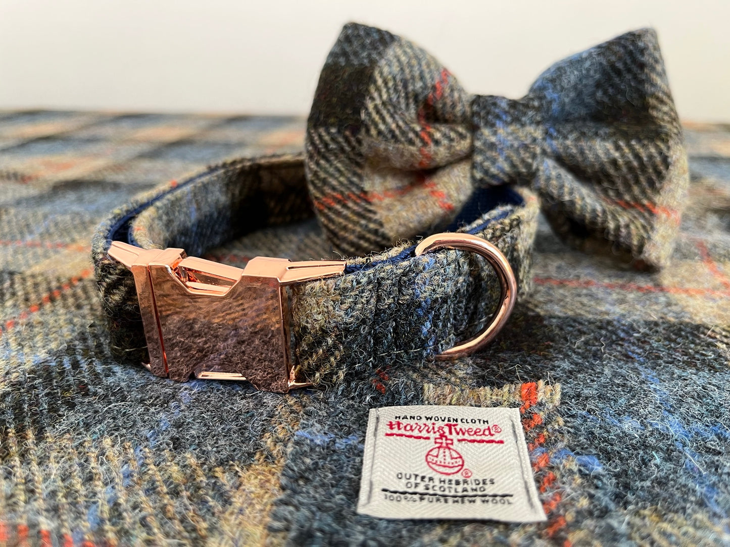 Tarbert Check Harris Tweed Dog Collar & Lead Set (with optional Bow-tie)