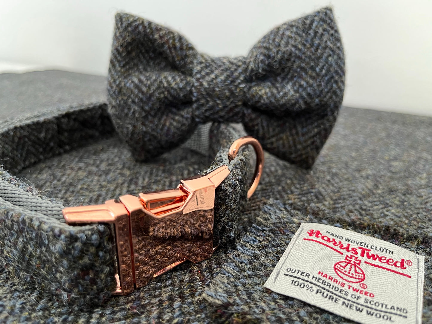 Sherlock Grey Herringbone Harris Tweed Dog Collar & Lead Set (with optional Bow-tie)