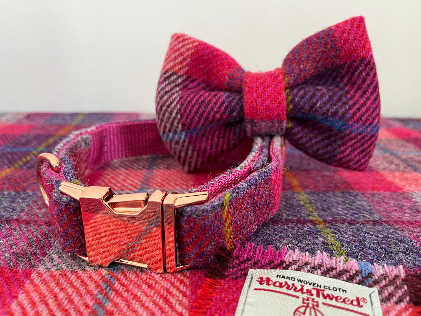 Fuchsia Check Harris Tweed Dog Lead